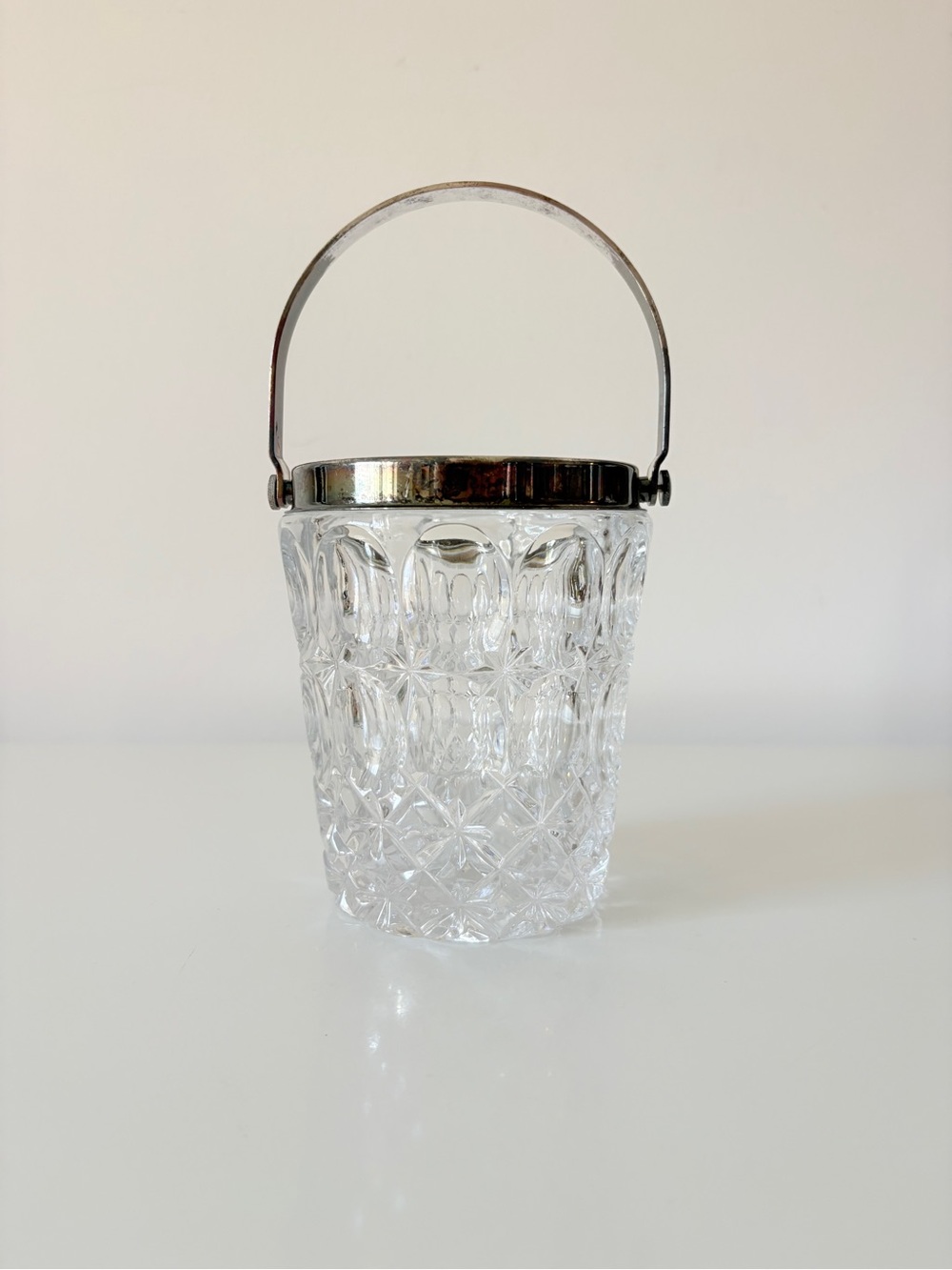 Vintage WA Italy Cut Glass Ice Bucket Crown Hallmark Silver Plate Handle Barware